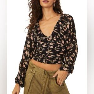Free People - Final Rose Black Ruched Smocked Long Sleeve Blouse Size Small